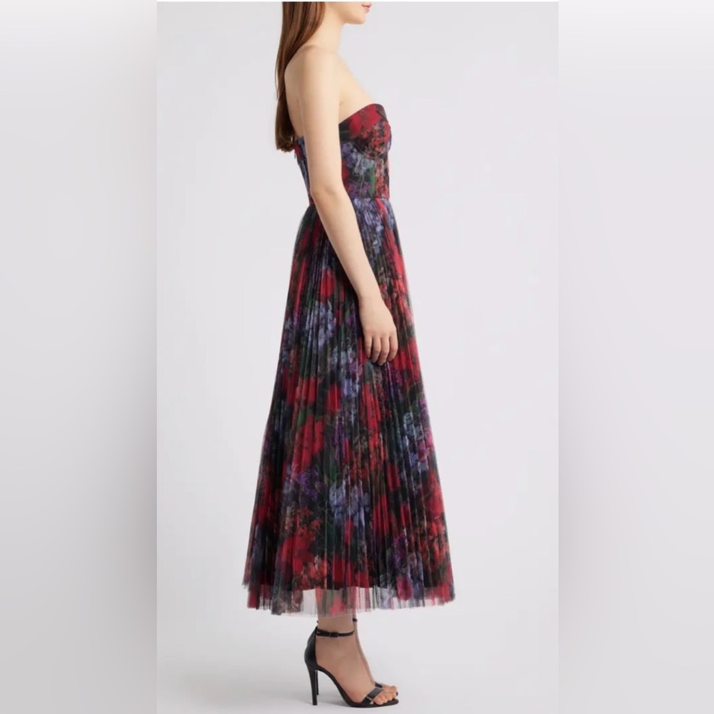 Hutch Strapless Floral Pleated Midi Dress in Red and Purple - Picture 3 of 6